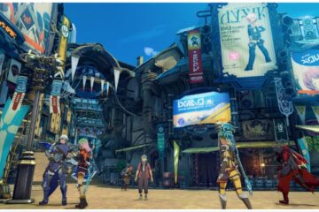 feature image for our blue protocol class tier list, the image features a promo screenshot of the game with characters walking around a steampunk city hub, there are clouds in the blue sky