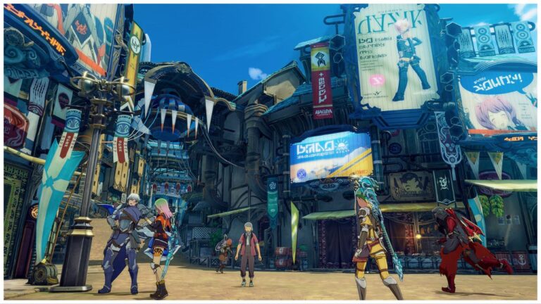 feature image for our blue protocol class tier list, the image features a promo screenshot of the game with characters walking around a steampunk city hub, there are clouds in the blue sky