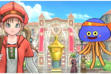 feature image for our dragon quest champions tier list, the image features a screenshot from the game of the main lobby screen with a female character holding on to her bag over her shoulder as a slime jelly fish floats beside her, she is standing in the middle of a town with a fountain behind her with residents going about their day
