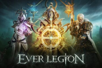 Feature image for our Ever Legion tier list. It shows a promotional image of three characters, a purple-skinned female character with glowing eyes and a staff, a masked figure. amd a bearded man with a large sword.