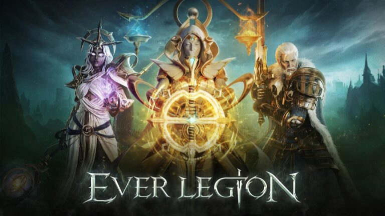 Feature image for our Ever Legion tier list. It shows a promotional image of three characters, a purple-skinned female character with glowing eyes and a staff, a masked figure. amd a bearded man with a large sword.