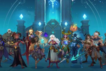 Feature image for our Ezetta Prophecy tier list. It shows a cast of characters stood against the backdrop of a blue obelisk topped with crystals.