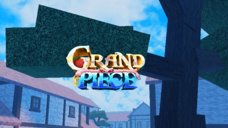 Feature image for our GPO trading tier list. It shows an in-game screen of a town with the logo over the top.