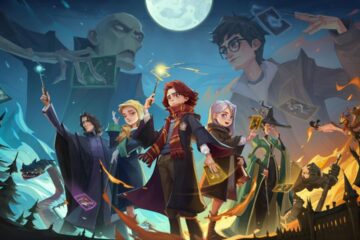 Feature image for our Harry Potter Magic Awakened tier list. It shows several characters stood between the school and the forbidden forest, with Harry Potter and Voldemort overhead.