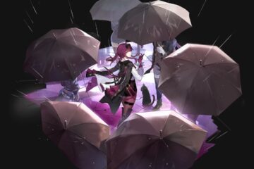 Feature image for our Honkai Star Rail Kafka tier list. It shows promo art of the character Kafka surrounded by figures with umbrellas.