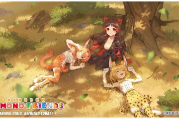 feature image for our kemono friends kingdom tier list, the image features promo art of 3 characters sitting under a tree, with two character laying down with their heads on the lap of another character, they all have animal ears and tails