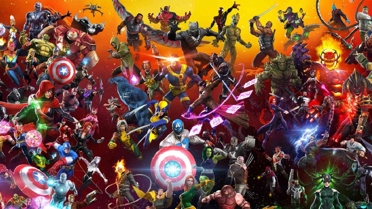 Feature image for our MCOC tier list. It shows a large roster of characters from the Marvel multiverse, facing the viewer.