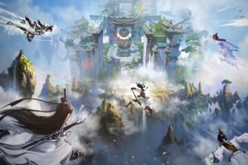 Feature image for our Mortal Path tier list. It shows a large palace on a floating island with several figures in robes flying towards it.