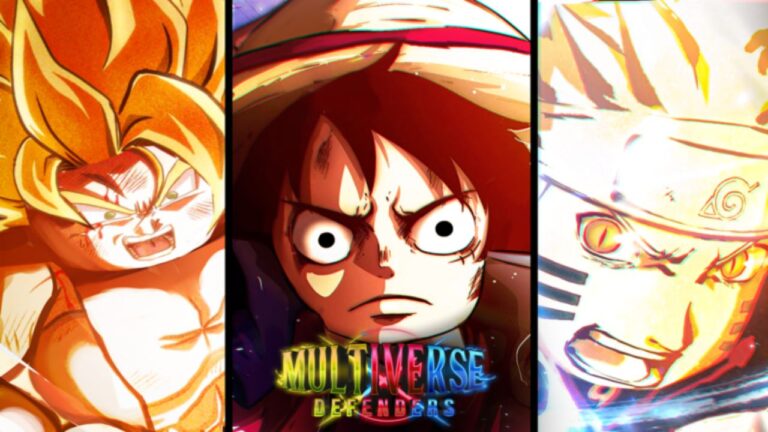 Feauture image for our Multiverse Defenders tier list. It shows promo art that resembles the characters Goku, Luffy, and Naruto.