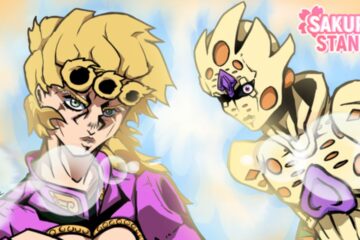 Feature image for our Sakura Stand tier list. It shows a piece of promotional art with ther character Giorno Giovanna and his stand Gold Experience Requiem.
