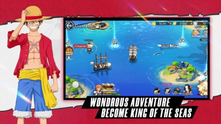 Feature image for our The Sea Road Fate Assembly tier list. It shows a screen with a ship on a blue sea with islands, next to some art of the character of Luffy from One Piece.