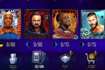Feature image for our WWE Supercard QR codes guide. It shows an in-game screen of the card collection, showing the faces of several wrestlers.